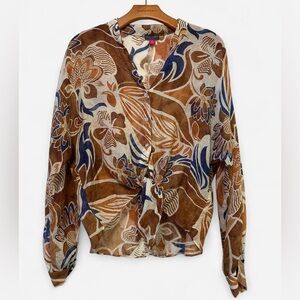 Brown and blue Vince Camuto floral print blouse with tie front detail